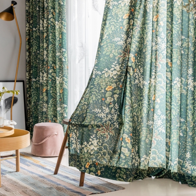 Curtains Deep Green Botanical Print Floral Pattern Rustic Cottagecore
