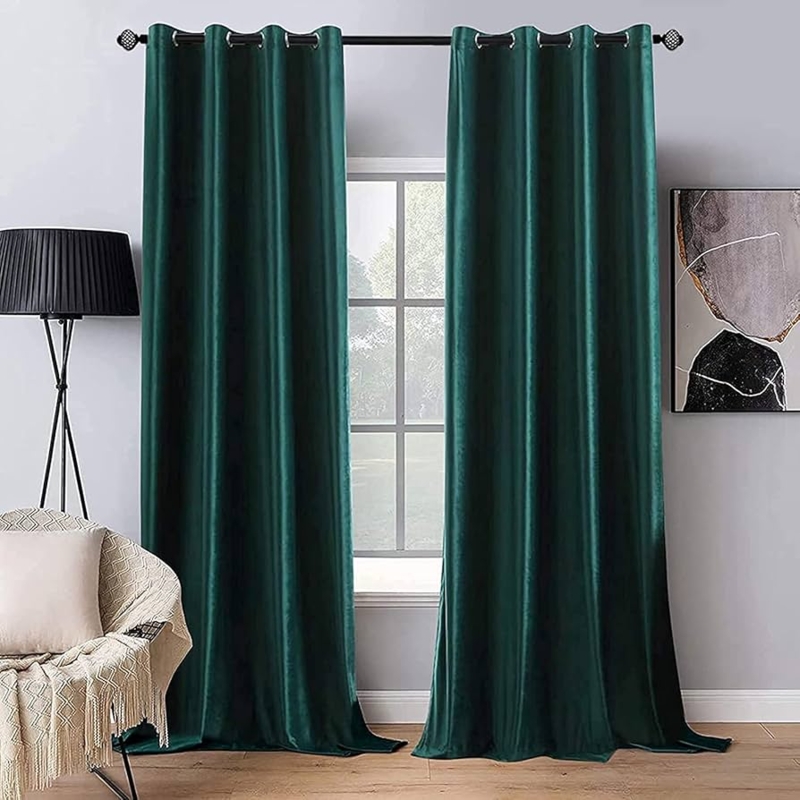 Curtains Emerald Green Velvet Texture Grommet Blackout Lined Drapes