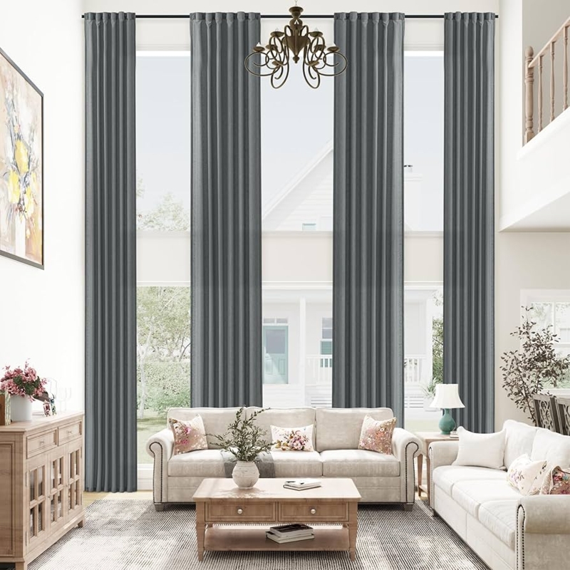 Curtains Extra Long Light Grey Linen Back Tab for High Ceilings