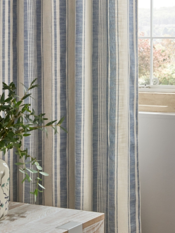 Curtains Eyelet Header Linen Look Blue Vertical Stripes Coastal