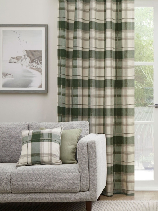 Curtains Eyelet Top Sage Green Checkered Pattern Linen Like