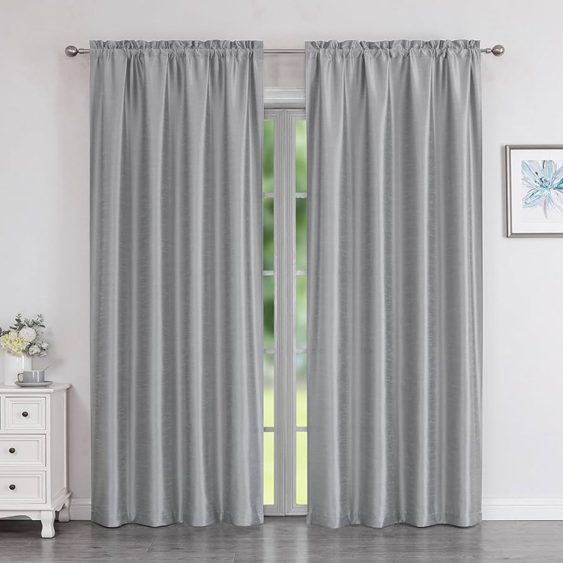 Curtains Faux Silk Lustrous Sheen Rod Pocket Grey Drapes
