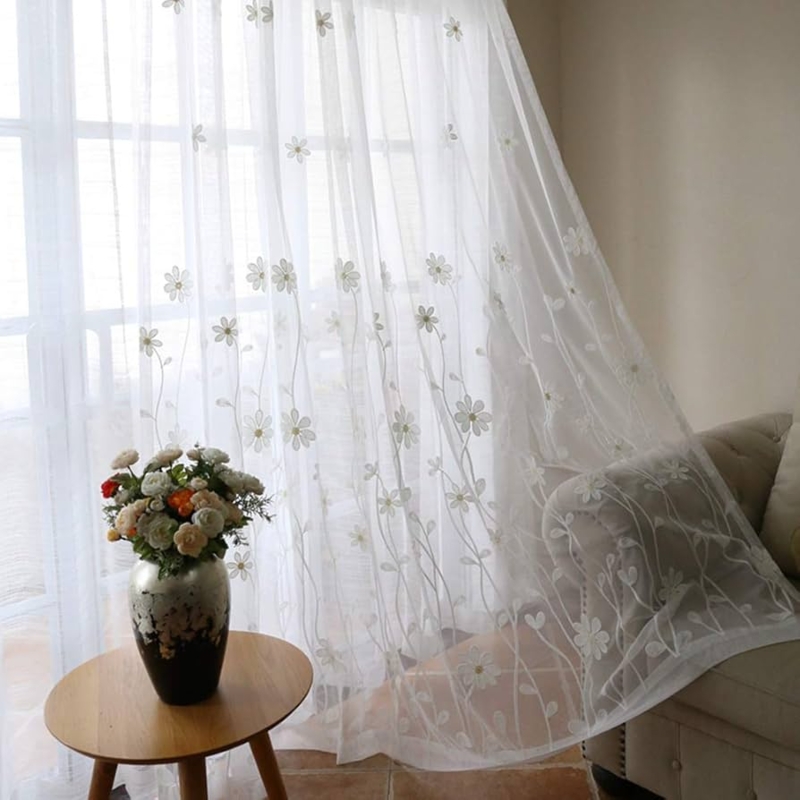 Curtains Floral Embroidery Sheer Voile White Traditional Elegant