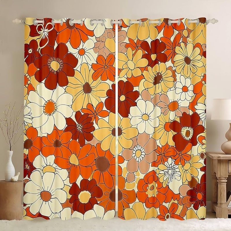 Curtains Groovy Floral Print Orange Blue Grommet Top Retro 70s Drapes