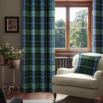 Curtains Heavyweight Blue Green Tartan Grommet Top Wool Look