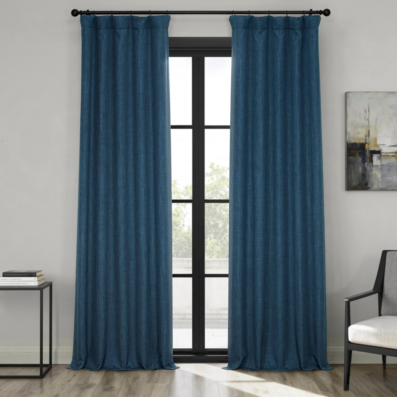 Curtains Indigo Textured Faux Linen Room Darkening Coastal Weave