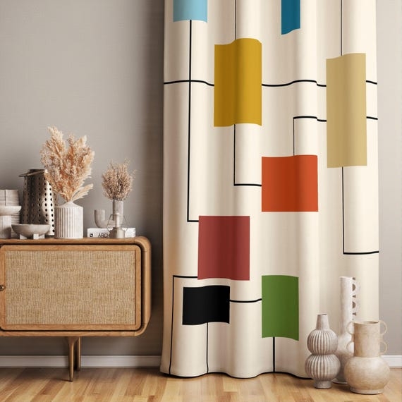 Curtains, Isometric Cubic Pattern, 3D Effect, Teal Retro Color Palette Drapes