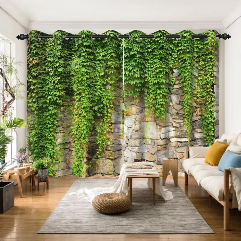 Curtains Ivy Leaf Pattern Stone Wall Backdrop Rustic Grommet Blackout