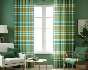 Curtains Large Check Pattern Sage Green with Curtain Rings