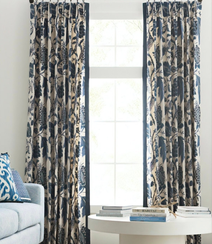 Curtains Large Scale Navy Floral Print Linen Like Coastal Traditional