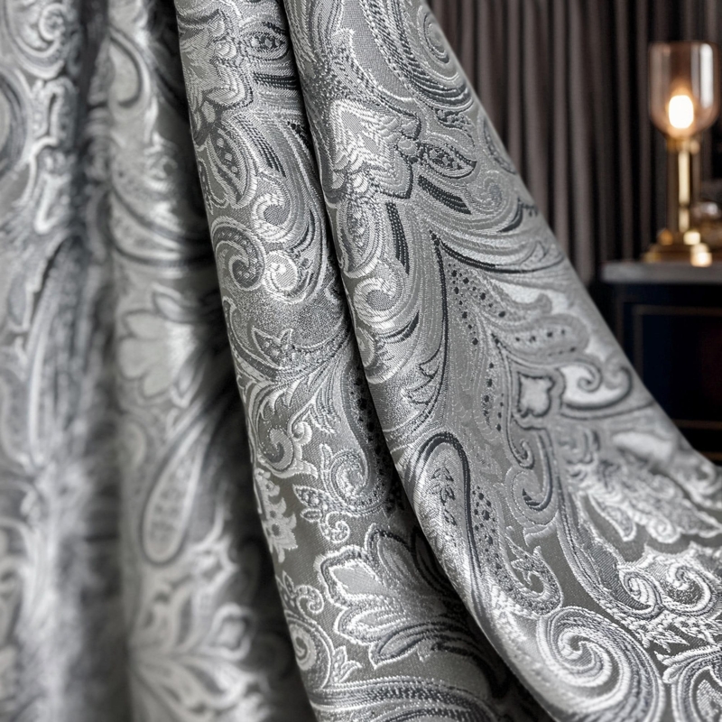 Curtains Large Scale Paisley Jacquard Weave Silver Gray Traditional