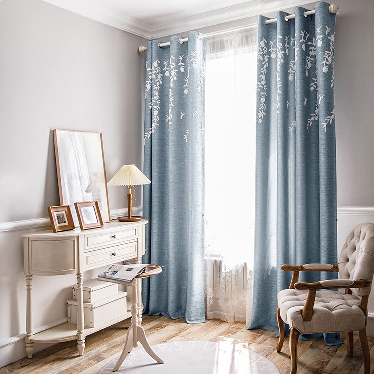 Curtains Light Blue Floral Embroidered Blackout Curtains Linen-like