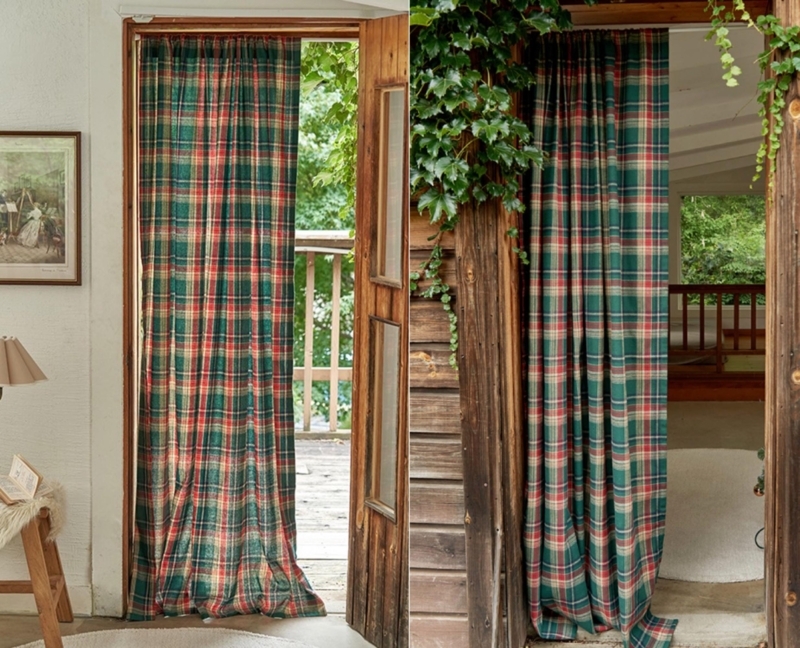 Curtains Linen Like Forest Green Tartan Rod Pocket Woven