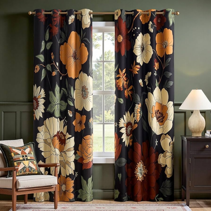 Curtains Maximalist Blackout Grommet Top with Large Scale Floral Print