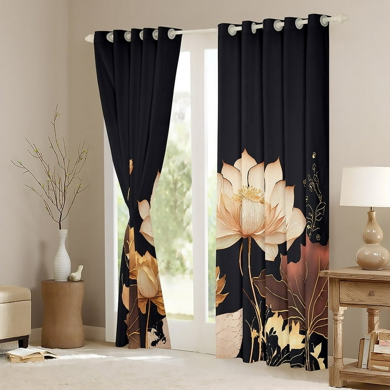 Curtains Modern Glam Blackout Grommet Top with Lotus Flower Motif