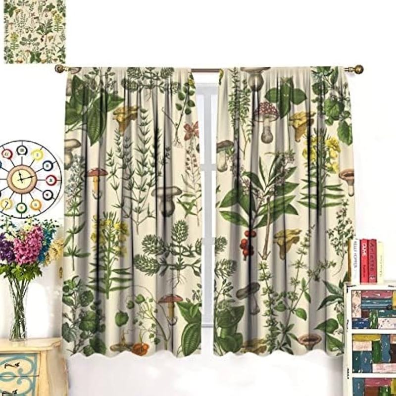 Curtains Mushroom Print Botanical Illustration Style Vintage Rod Pocket