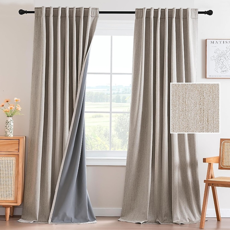 Curtains Natural Beige Linen Look Grommet Top Blackout Floor Length