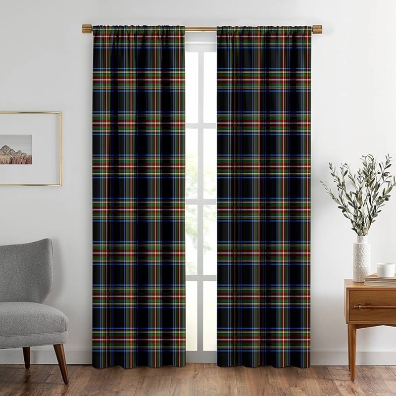 Curtains Navy Green Tartan Plaid Rod Pocket Lodge Style