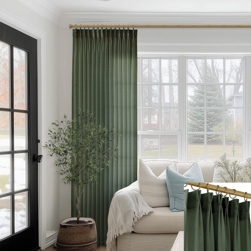 Curtains Olive Green Pinch Pleated Linen Look Organic Modern Window