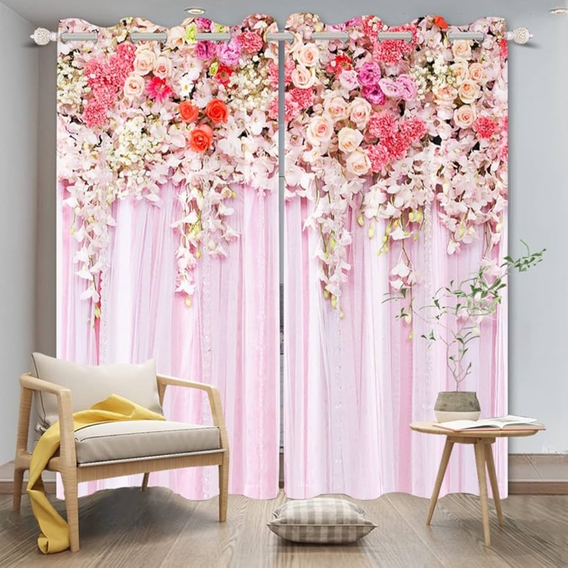 Curtains Oversized Peony Print Magenta Grommet Top Romantic Floral Curtains