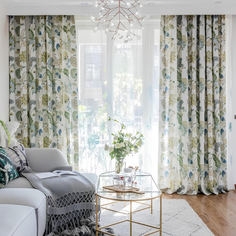 Curtains Pinch Pleat Header Sage Green Dusty Blue Botanical Print Drapes