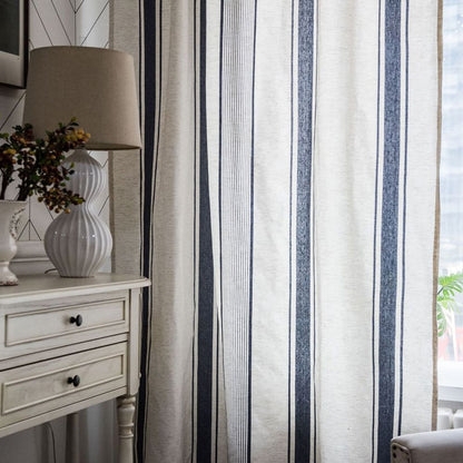 Curtains Pinch Pleat Linen Texture Vertical Blue Stripes