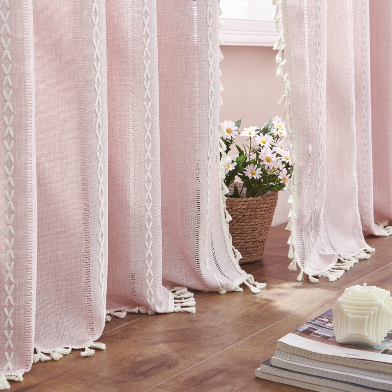 Curtains Pink Embroidered Nursery Curtains Linen-like Boho Style