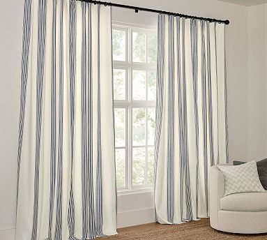 Curtains Porcelain Blue Stripes Grommet Top Coastal Linen Texture