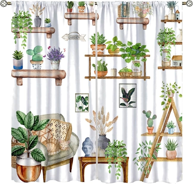 Curtains Potted Plant Print Illustrated Pattern Blackout Grommet