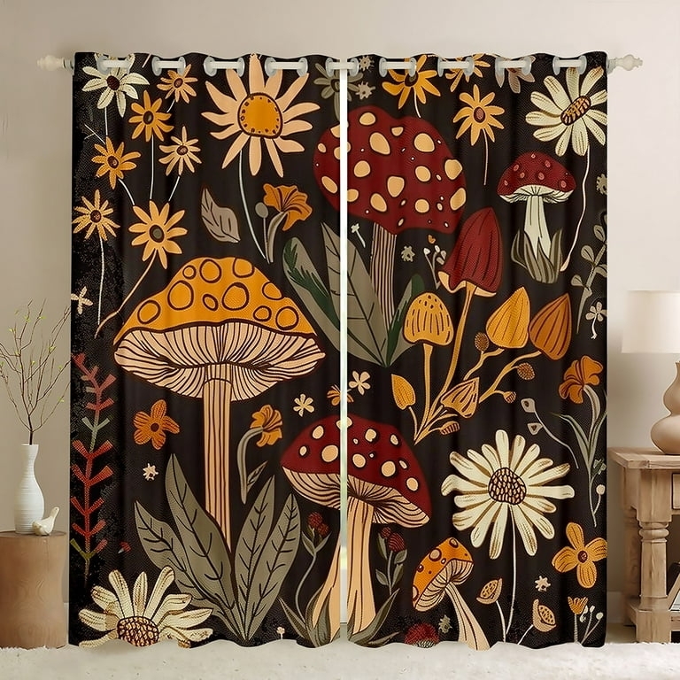 Curtains Psychedelic Mushroom Print Orange Brown Retro Boho Hippie Drapes