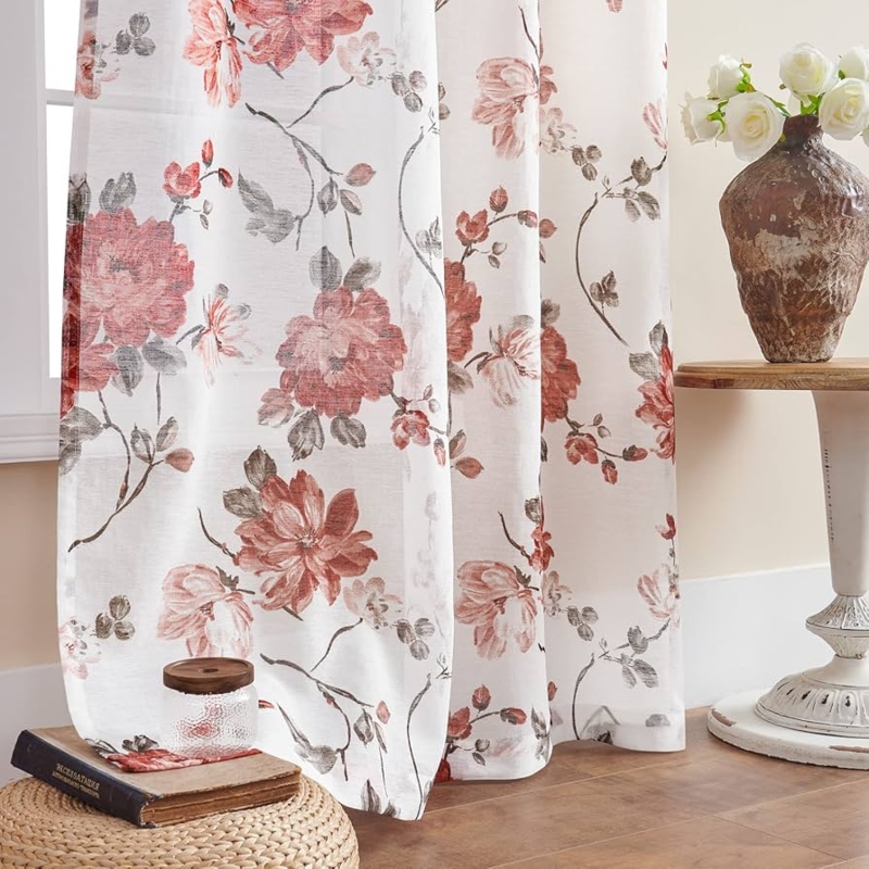 Curtains Red Floral Slub Fabric Cream Light Filtering Farmhouse Window Decor