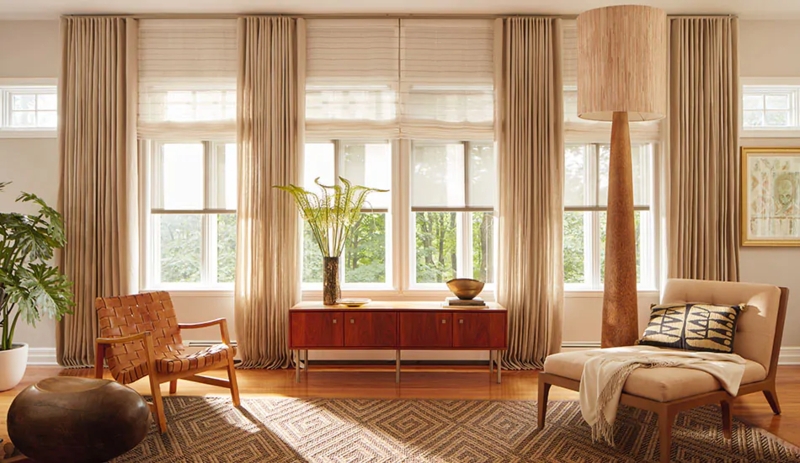Curtains Ripple Fold Header Layered with Striped Roman Shade