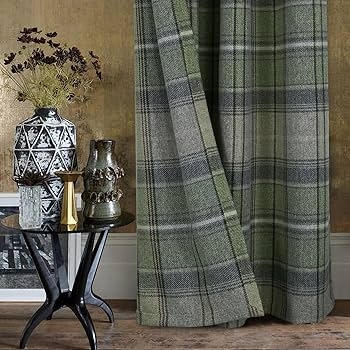 Curtains Rod Pocket Style Green Tartan Plaid Woolen Look