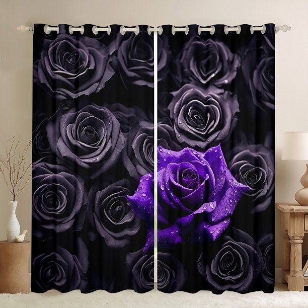 Curtains Romantic Blackout Rod Pocket with 3D Rose Print