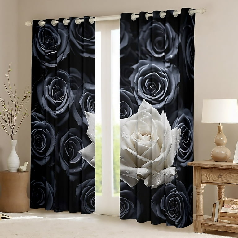 Curtains Romantic Rose Grommet Top Floor Length Monochrome Floral Print