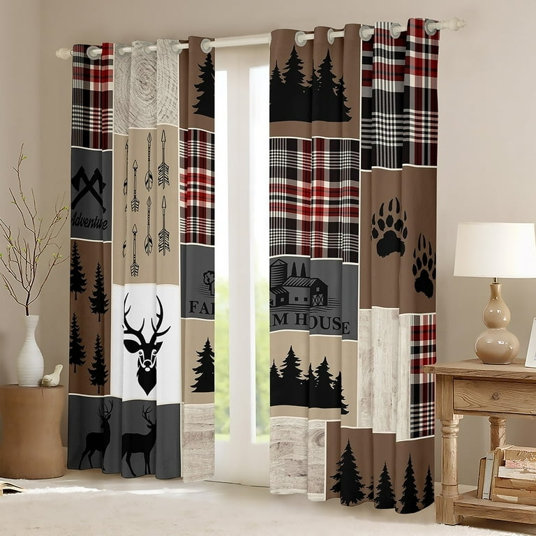 Curtains: Rustic Red Buffalo Plaid & Elk Print, Lodge Grommet Top Set