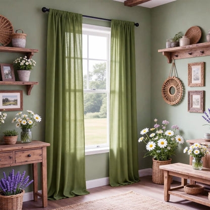 Curtains Sage Green Linen Look With Curtain Rings Rustic Farmhouse Style