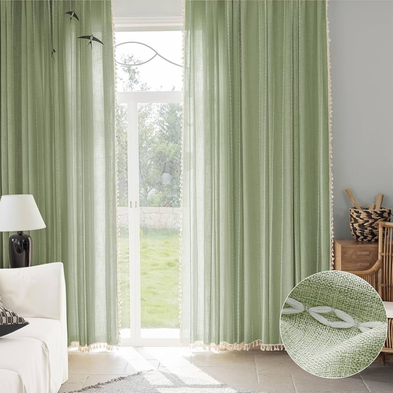 Curtains Sage Green Striped Embroidery With Edge Tassels Boho Farmhouse