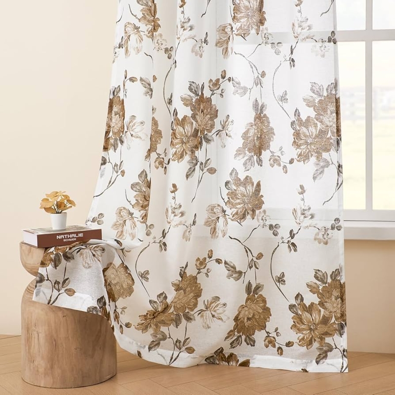 Curtains Semi Sheer Floral Taupe Linen Like Rustic Brown Flower Curtains