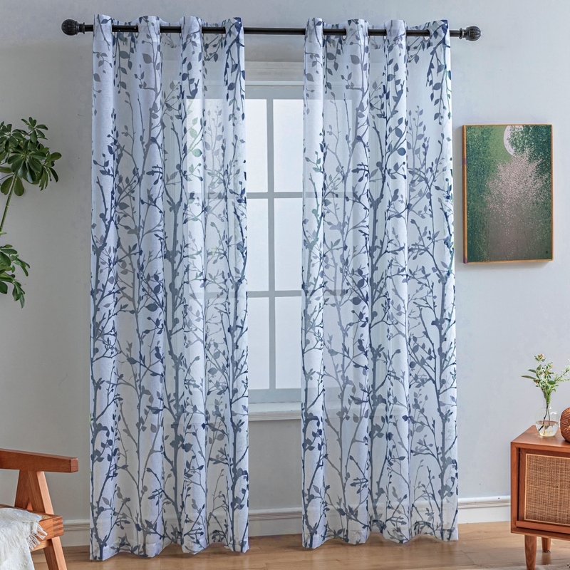 Curtains Semi Sheer Navy Branch Print Botanical Pattern Grommet Top