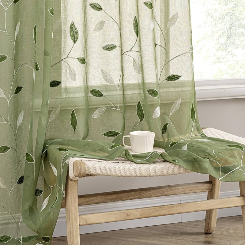 Curtains Sheer Sage Green Embroidered Leaf Pattern Linen Look Botanical