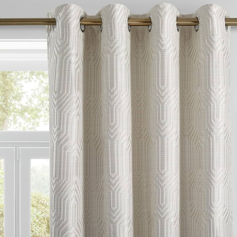 Curtains, Silvery Geometric Jacquard, Beige Blackout, Metallic Finish Drapes