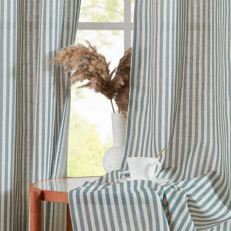 Curtains Slub Texture Linen Look Blue Vertical Stripes