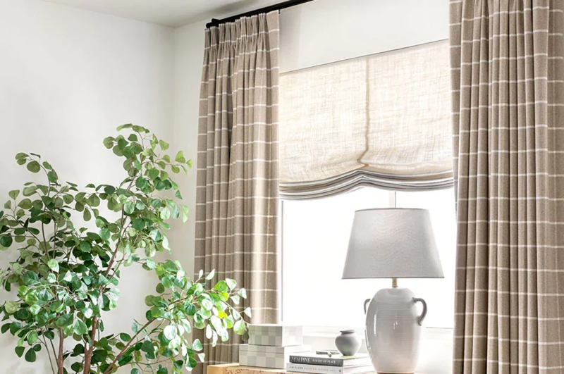 Curtains Subtle Gray Cream Plaid Tailored Pleat Airy Living Room