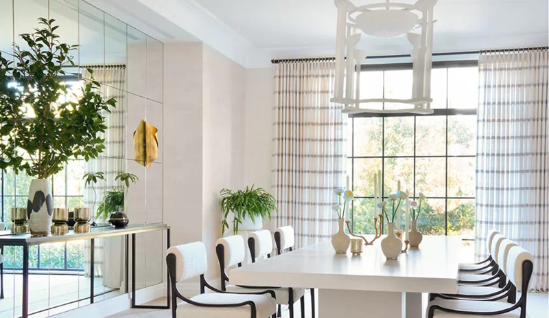 Curtains Tailored Pleat Subtle Vertical Stripe Dining Room Idea