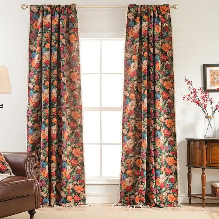 Curtains Vibrant Botanical Print Linen Like Multicolored Farmhouse Drapes