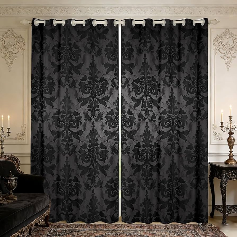 Curtains Victorian Baroque Window Drapes Grey Black Damask Rod Pocket
