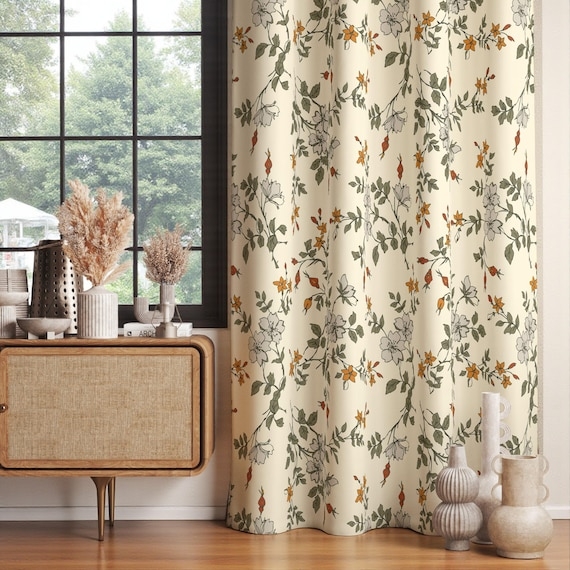 Curtains Vintage Botanical Aesthetic Cream Blue Rod Pocket Farmhouse Drapes