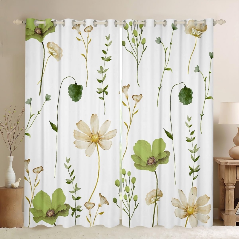 Curtains Watercolor Botanical Motif Olive Green Short Grommet Pastoral Drapes