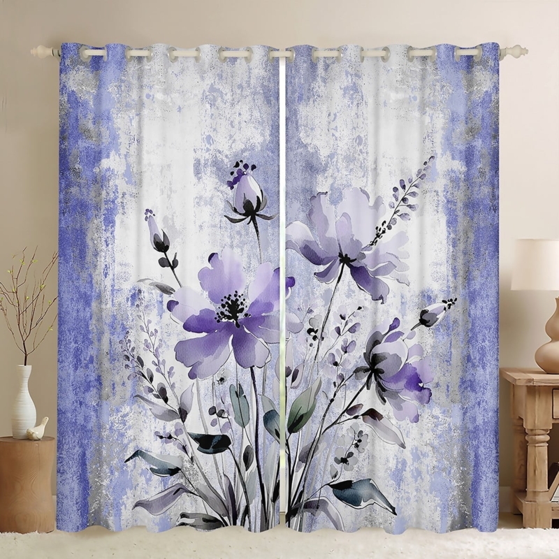 Curtains Watercolor Daisy Print Purple Yellow Blackout Boho Bedroom Decor